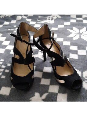 BCBG Fantina Black Suede Clear Cutouts 3.5 Inch Stiletto Heel Sandals Size 6.5